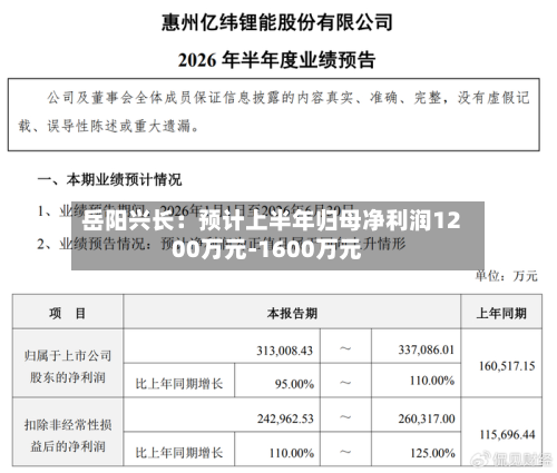 岳阳兴长:预计上半年归母净利润1200万元-1600万元