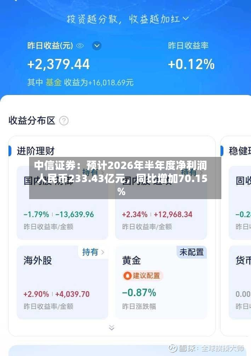 中信证券：预计2026年半年度净利润人民币233.43亿元，同比增加70.15%-第2张图片