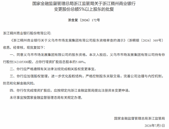 国资入局稠州银行！义乌市场发展集团5%持股获批